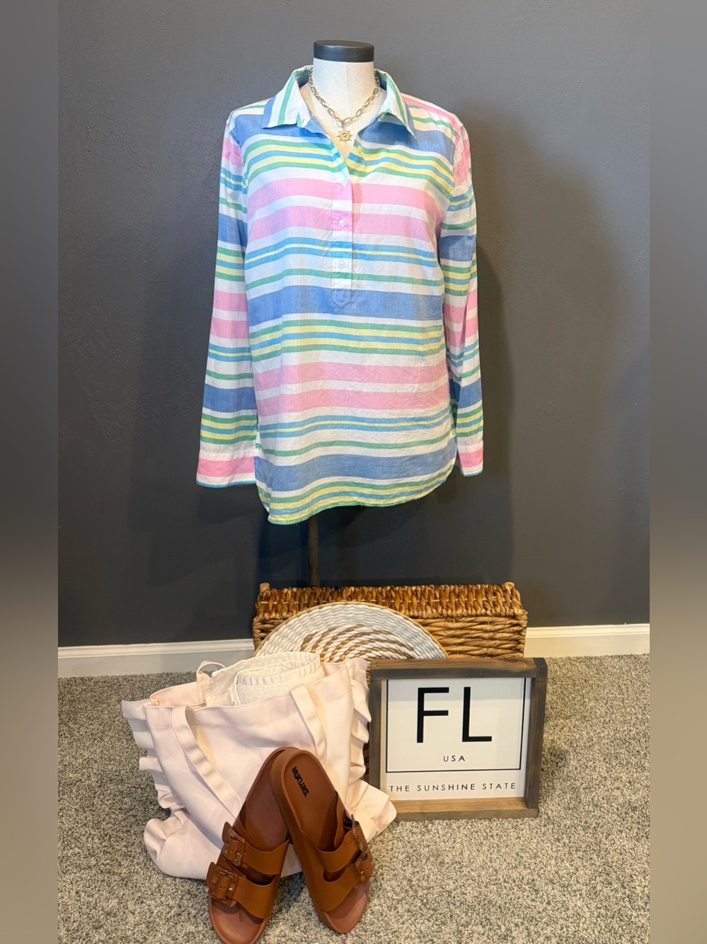 Talbots Pastel Striped Button-Front Top in Pink, Blue, Green